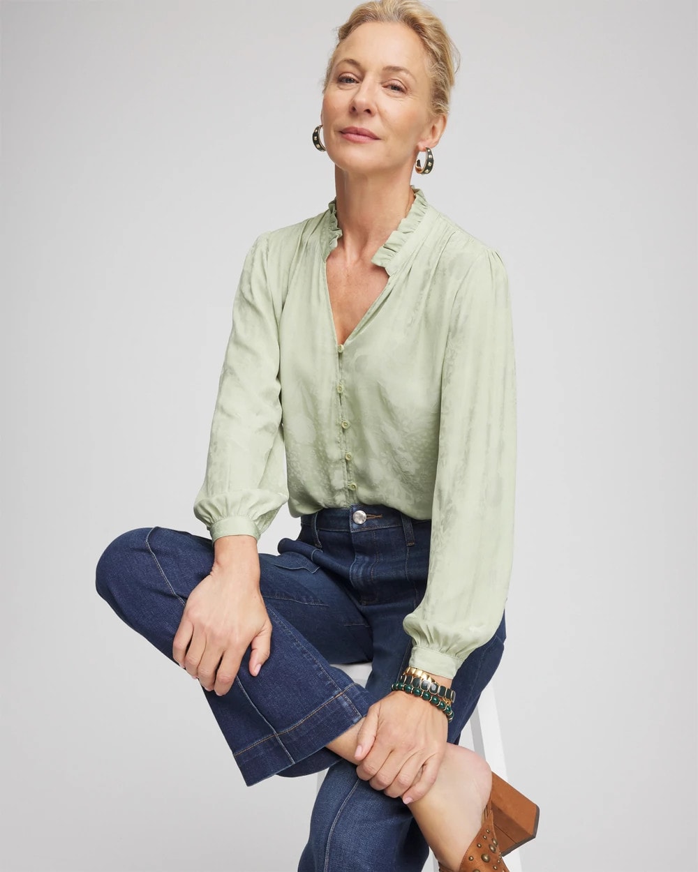 Jacquard Georgette Peasant Blouse Sage Meadow - Chico's