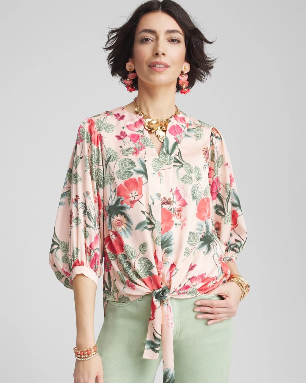 Floral Satin Tie-Front Pullover Top Coral Blossom - Chico's