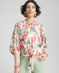 Floral Satin Tie-Front Pullover Top Coral Blossom - Chico's