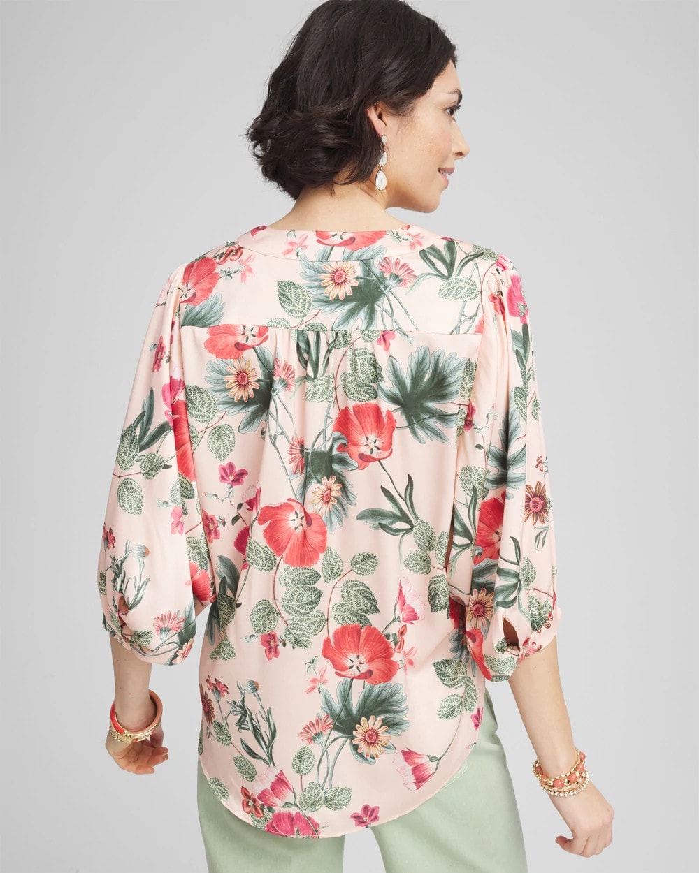 Floral Satin Tie-Front Pullover Top Coral Blossom - Chico's