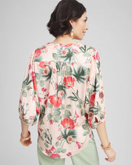 Floral Satin Tie-Front Pullover Top Coral Blossom - Chico's