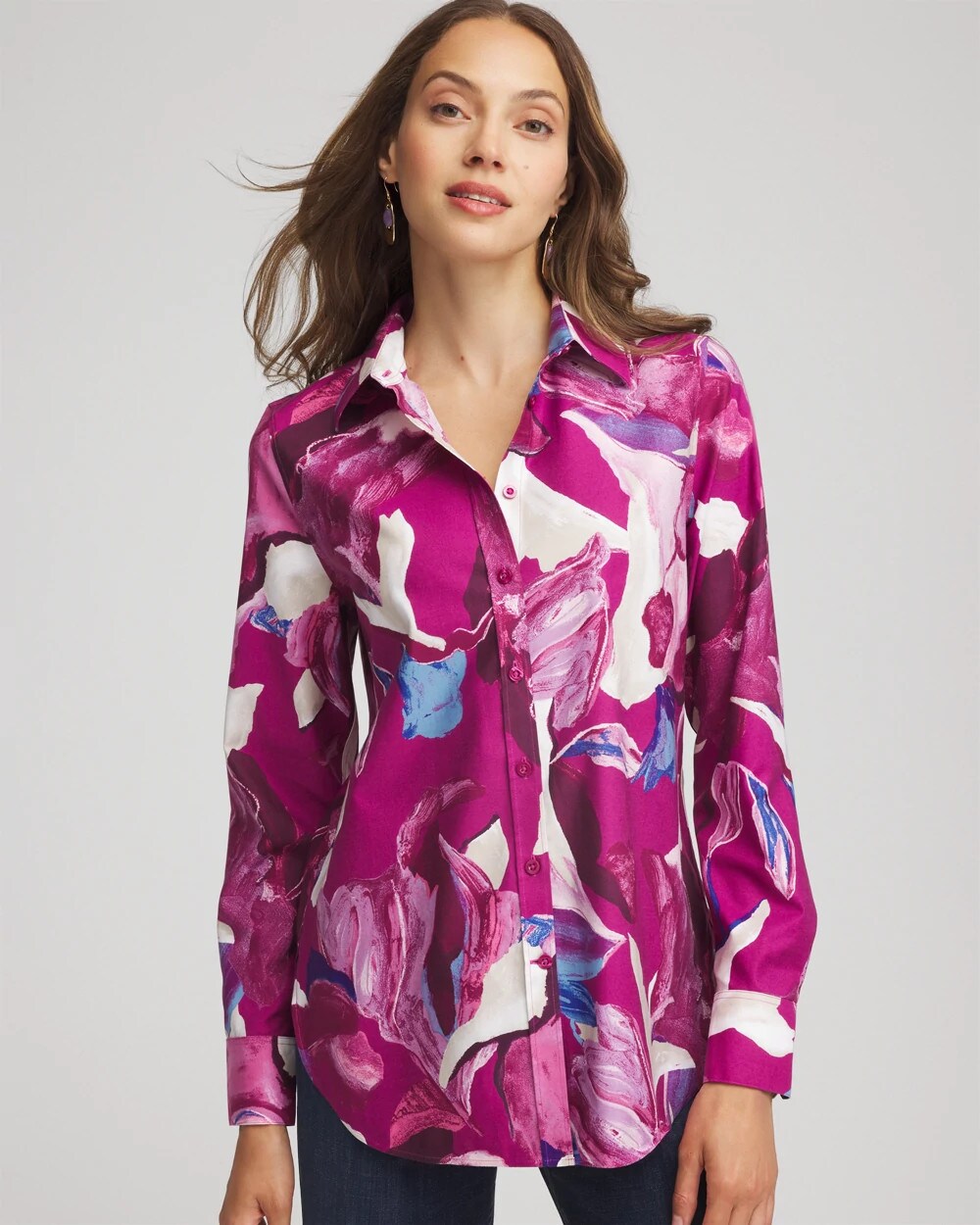 No Iron™ Floral-Paint-Print Shirt Cobalt Stone - Chico's