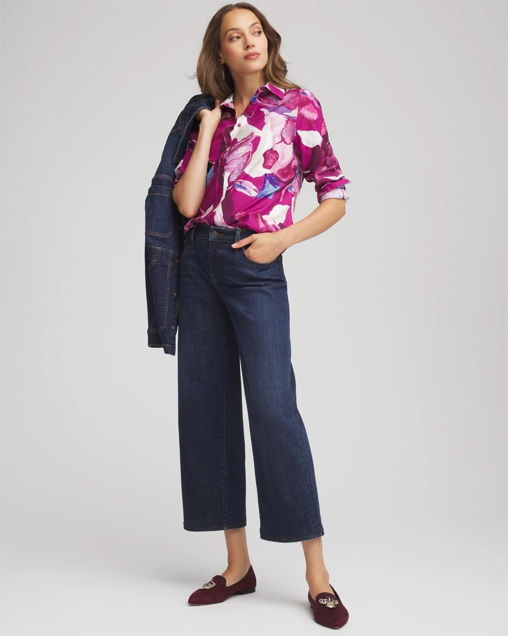 No Iron™ Floral-Paint-Print Shirt Cobalt Stone - Chico's