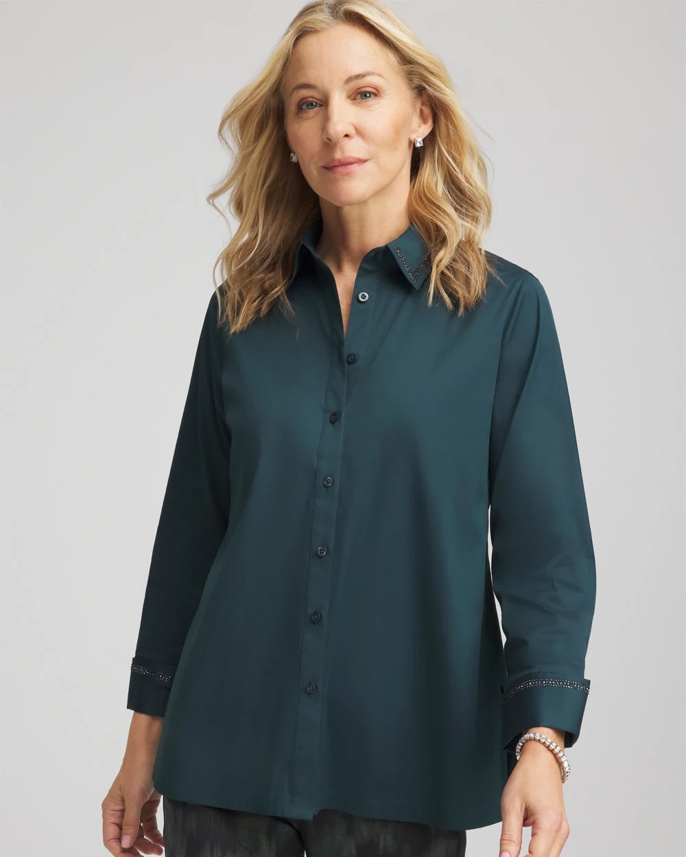 Rhinestone Embellished Poplin Tunic Teal Shadow - Chico's