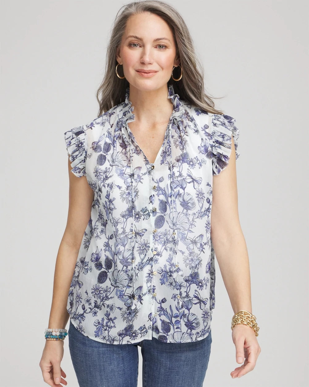 Butterfly Ruffle Collar Blouse Pale Turq Blue - Chico's