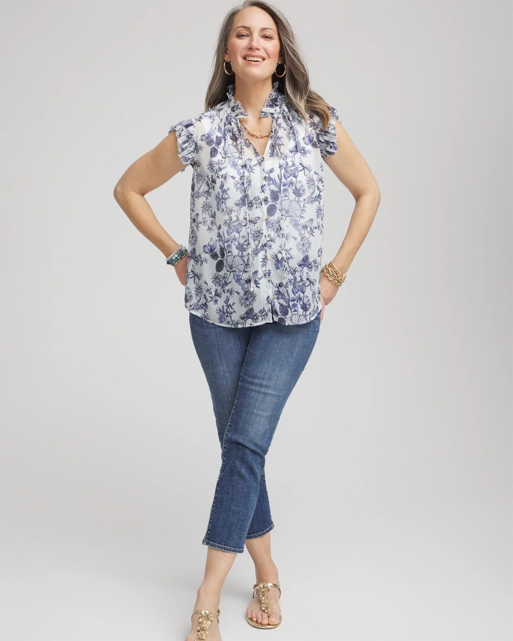 Butterfly Ruffle Collar Blouse Pale Turq Blue - Chico's