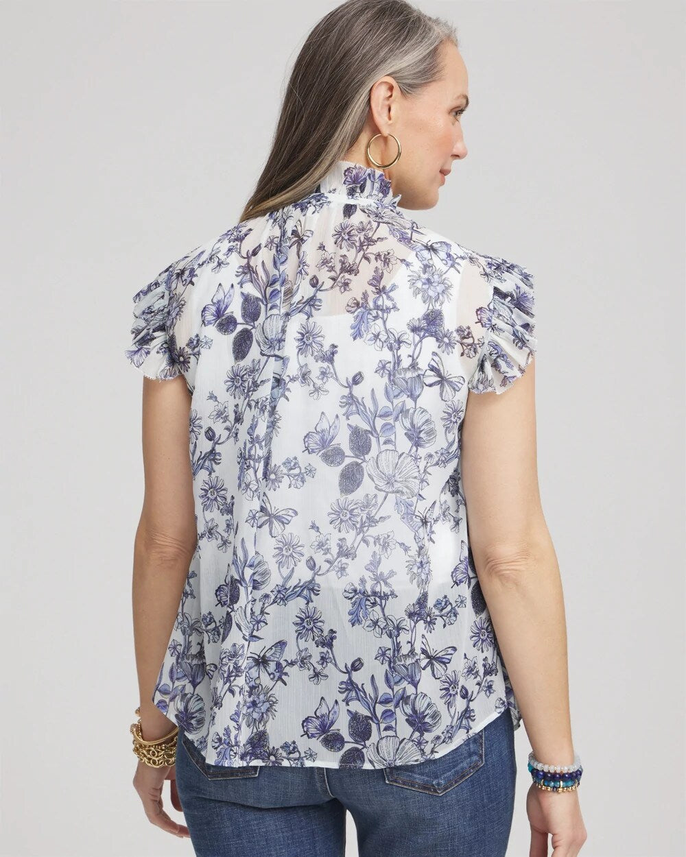 Butterfly Ruffle Collar Blouse Pale Turq Blue - Chico's