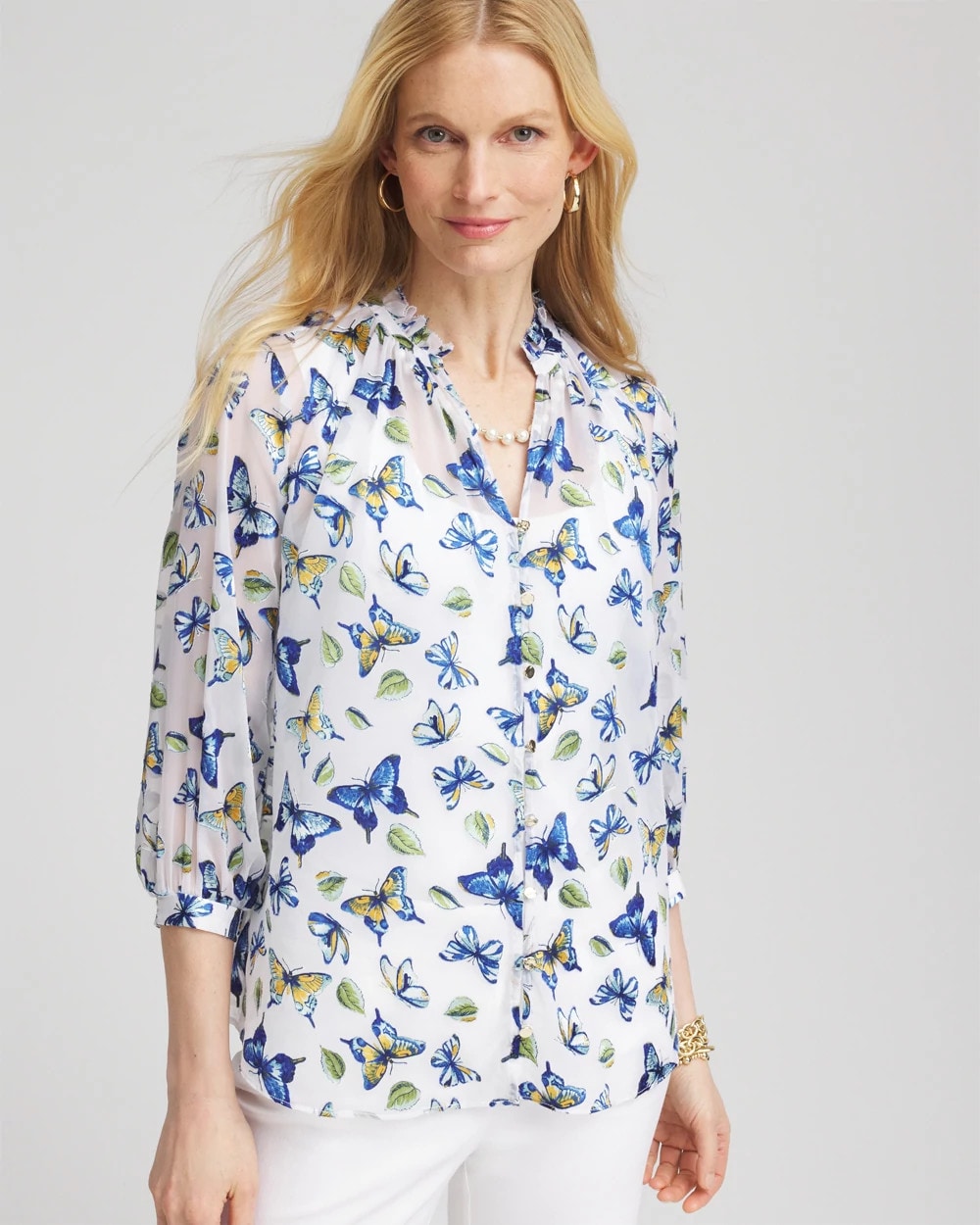 Ruffle Collar Butterfly Burnout Blouse Blue Casa - Chico's