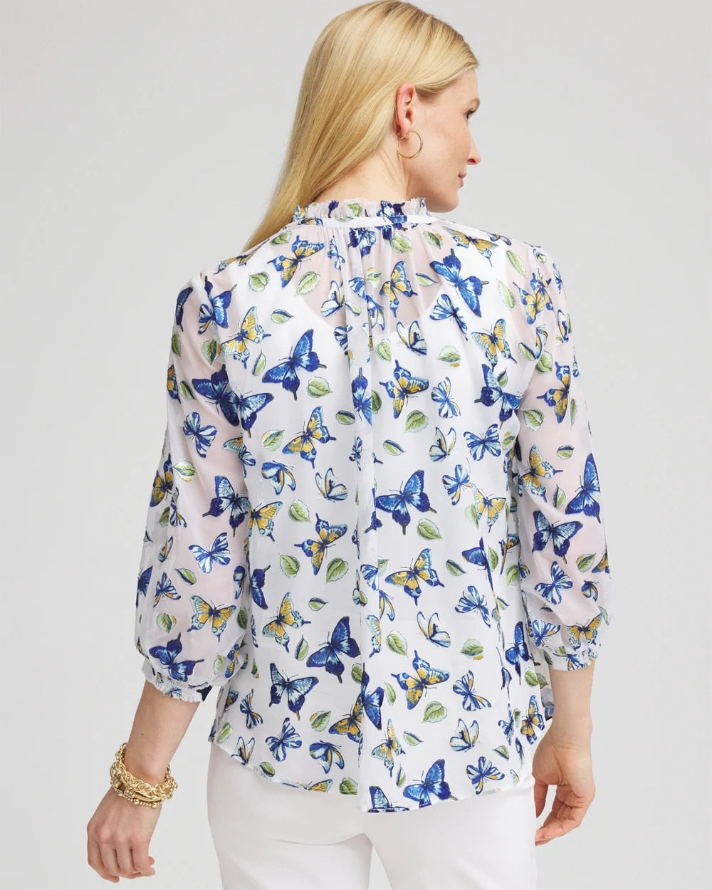 Ruffle Collar Butterfly Burnout Blouse Blue Casa - Chico's