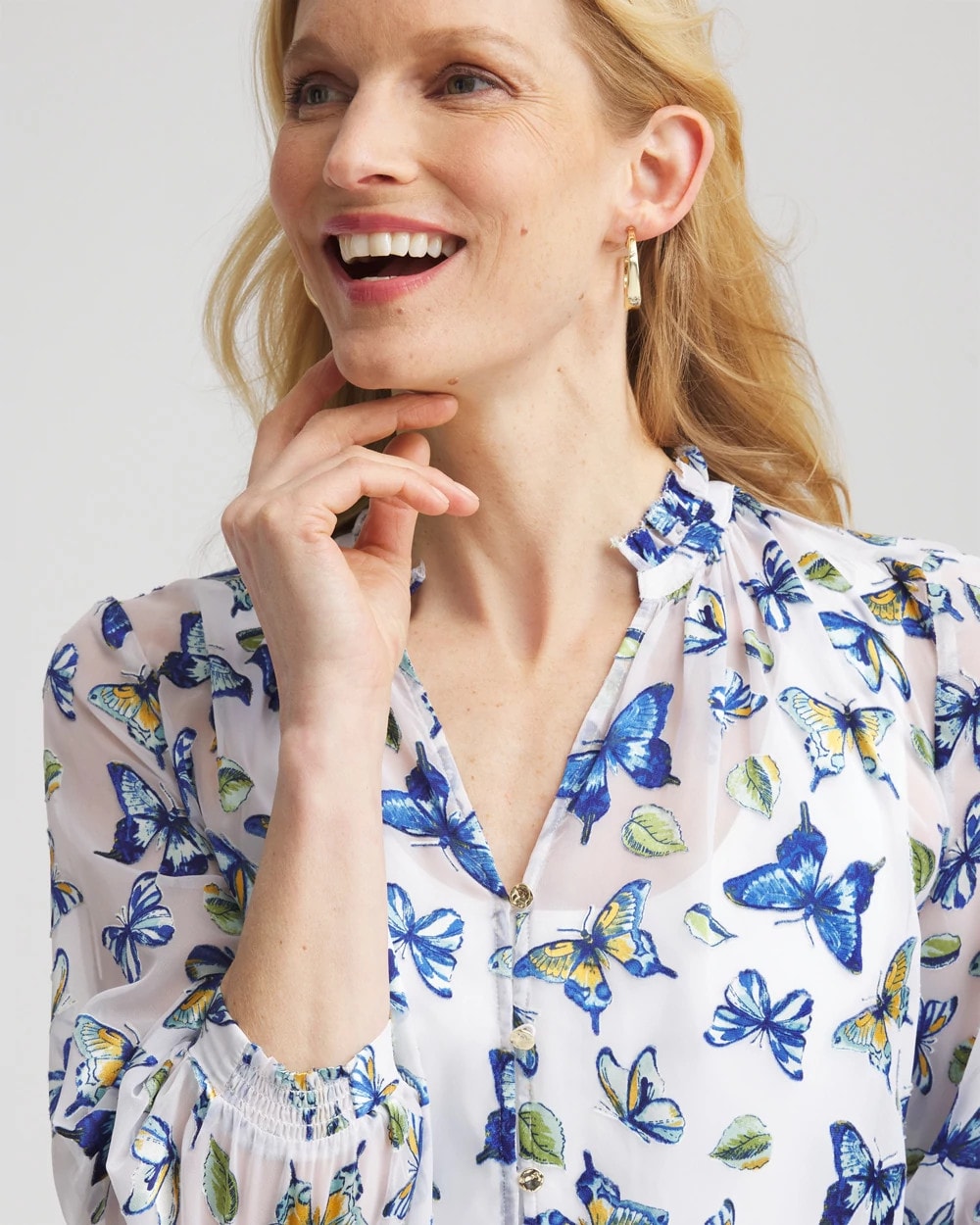 Ruffle Collar Butterfly Burnout Blouse Blue Casa - Chico's