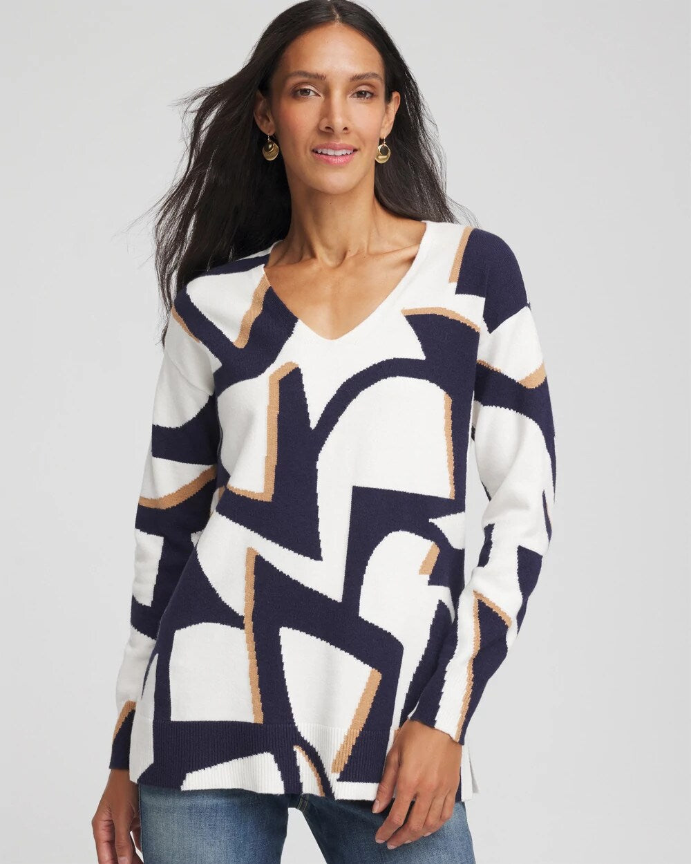 Geo Intarsia V-Neck Tunic Passport Blue - Chico's