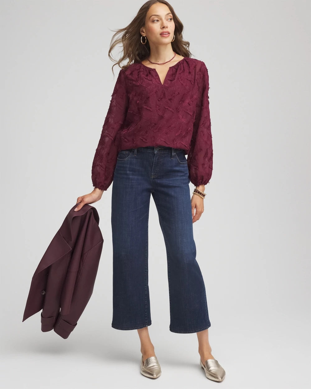 Feathered Pullover Peasant Blouse Deep Chianti - Chico's