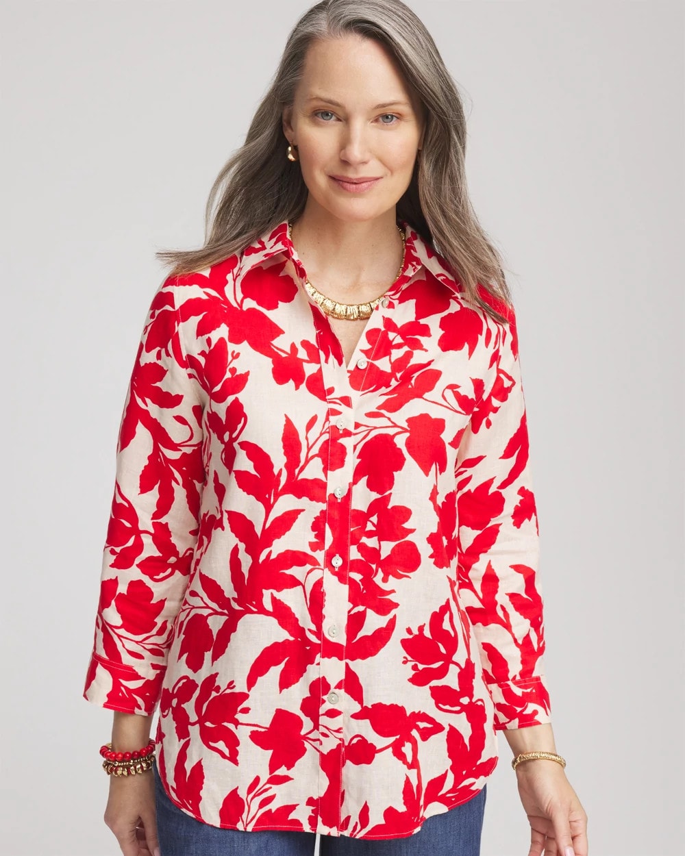No Iron™ Floral Linen Shirt Red Glow - Chico's