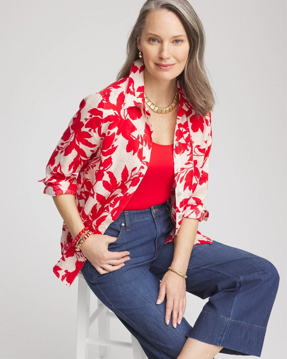 No Iron™ Floral Linen Shirt Red Glow - Chico's