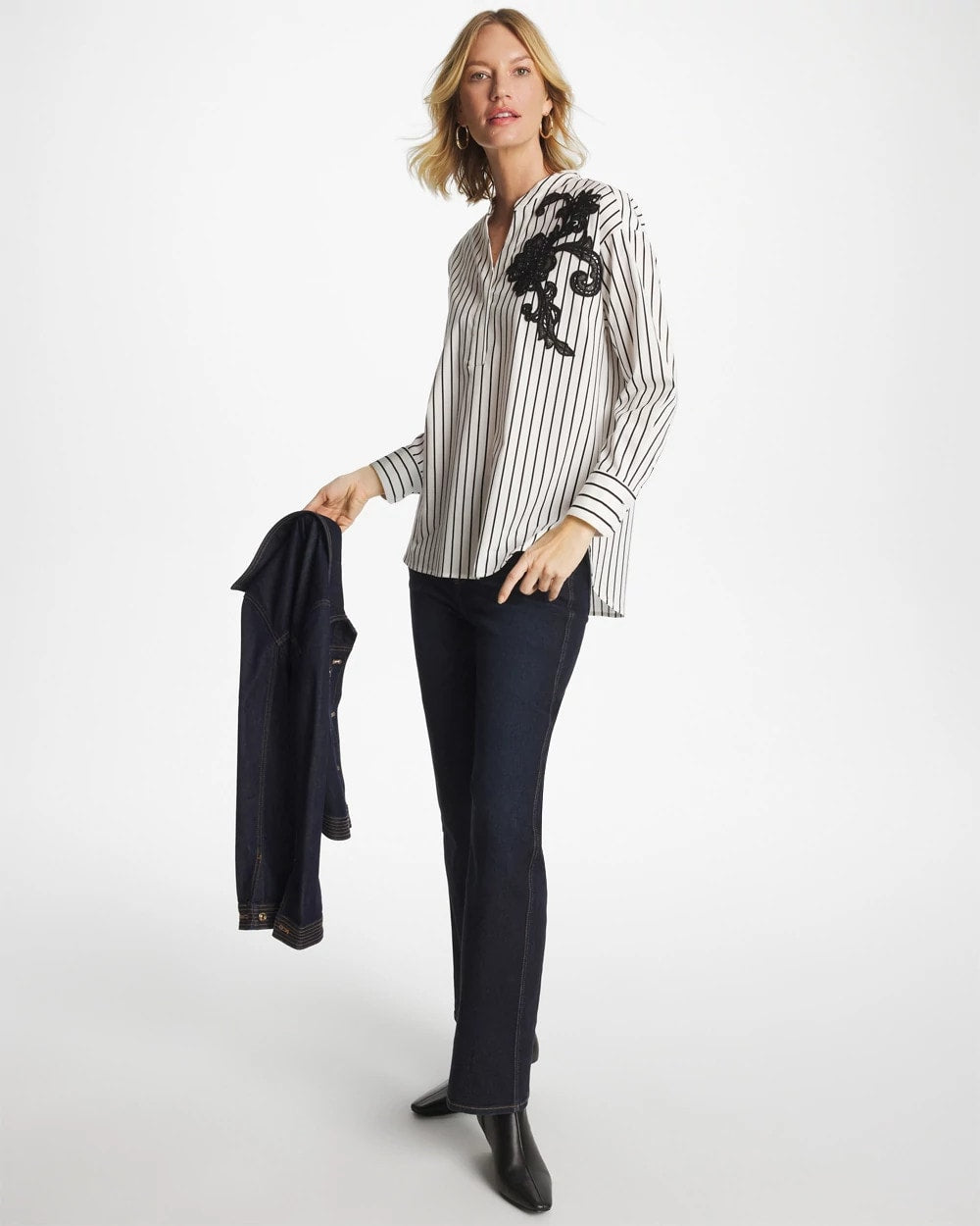 Striped Poplin Applique Tunic Black - Chico's