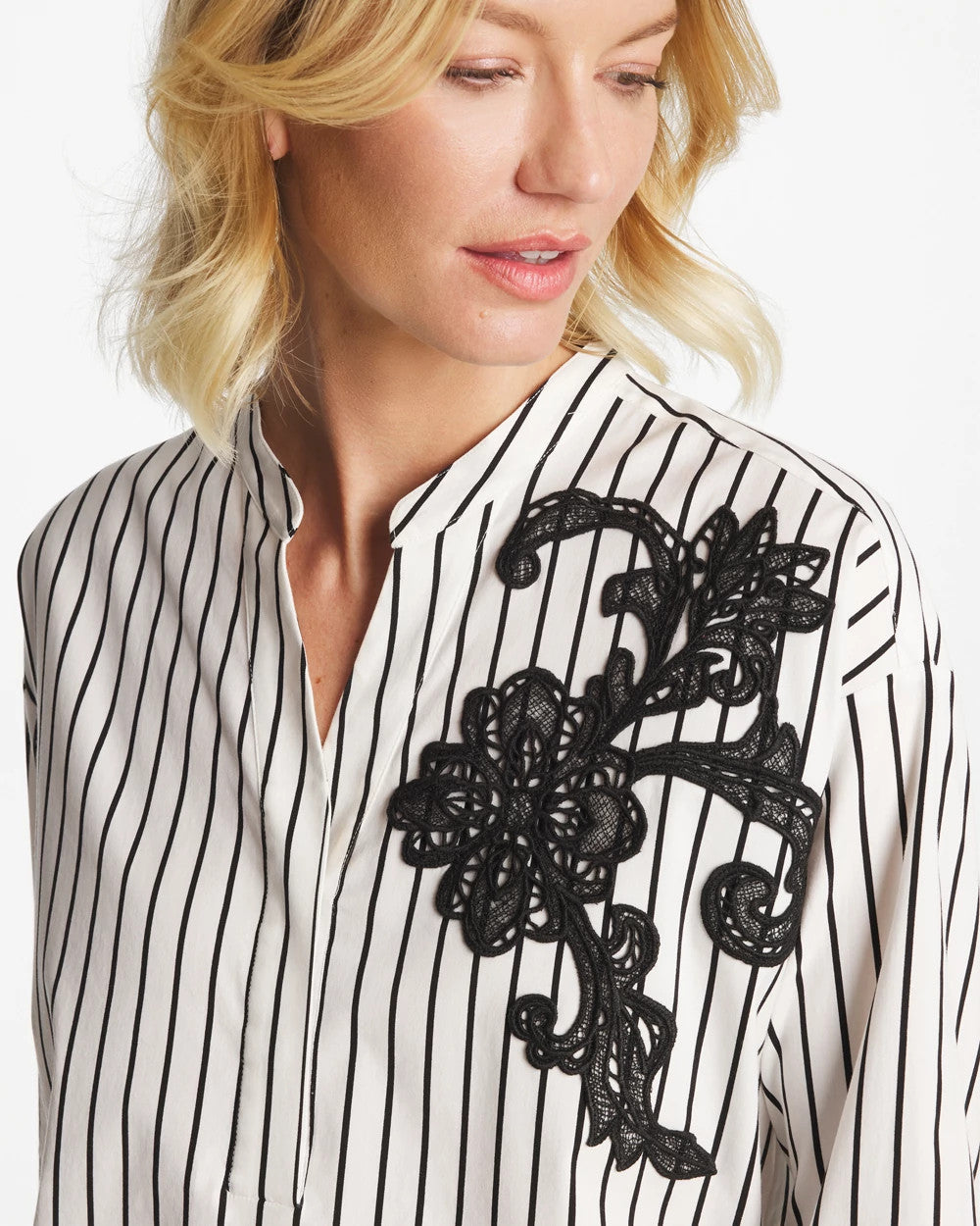 Striped Poplin Applique Tunic Black - Chico's