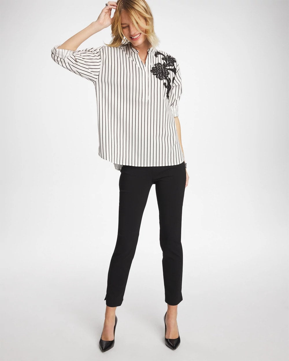 Striped Poplin Applique Tunic Black - Chico's