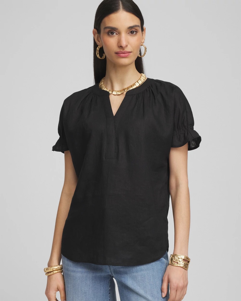 Linen Flutter-Sleeve Popover Top Black - Chico's