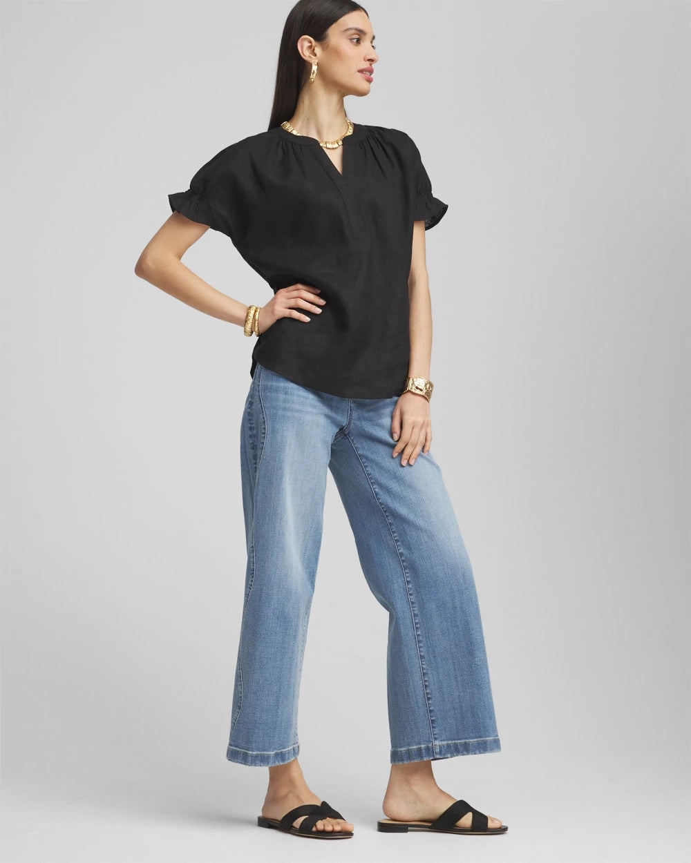 Linen Flutter-Sleeve Popover Top Black - Chico's