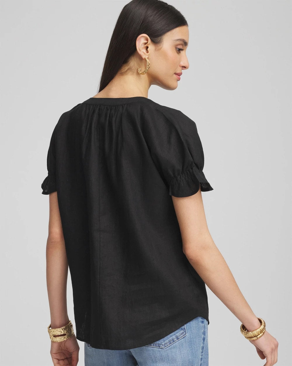 Linen Flutter-Sleeve Popover Top Black - Chico's