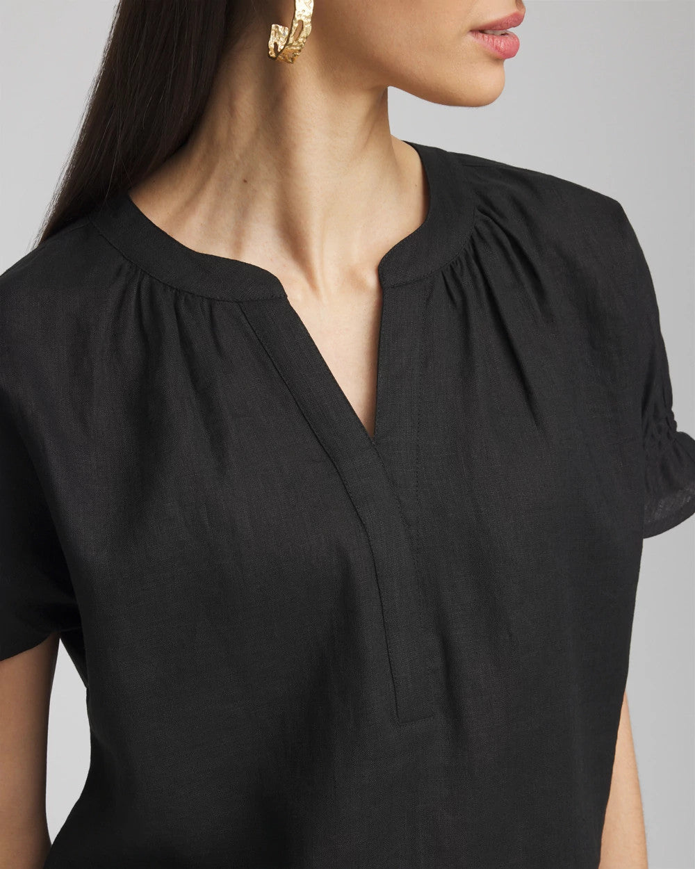Linen Flutter-Sleeve Popover Top Black - Chico's