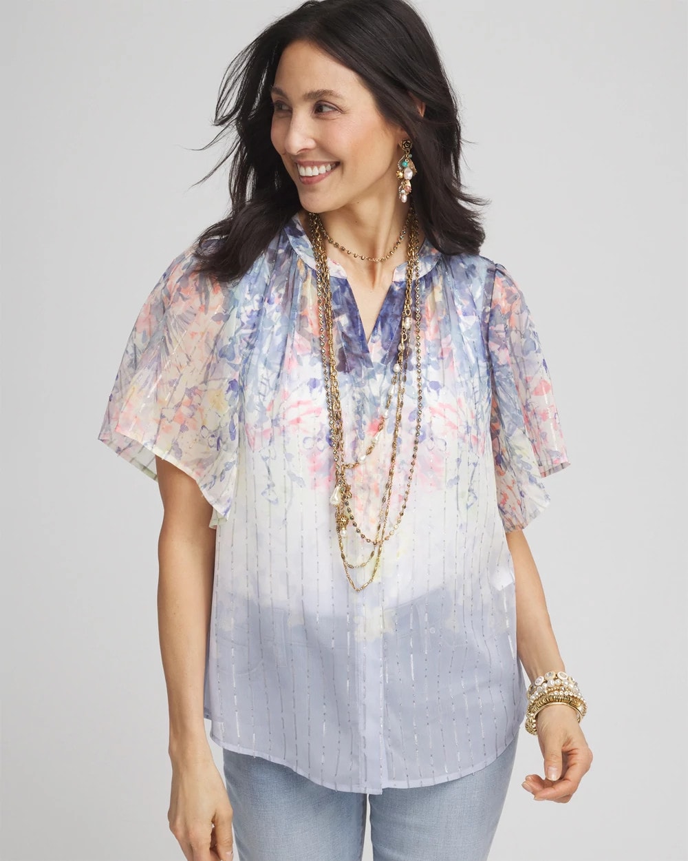 Jacquard Flutter-Sleeve Blouse Blue Pearl - Chico's