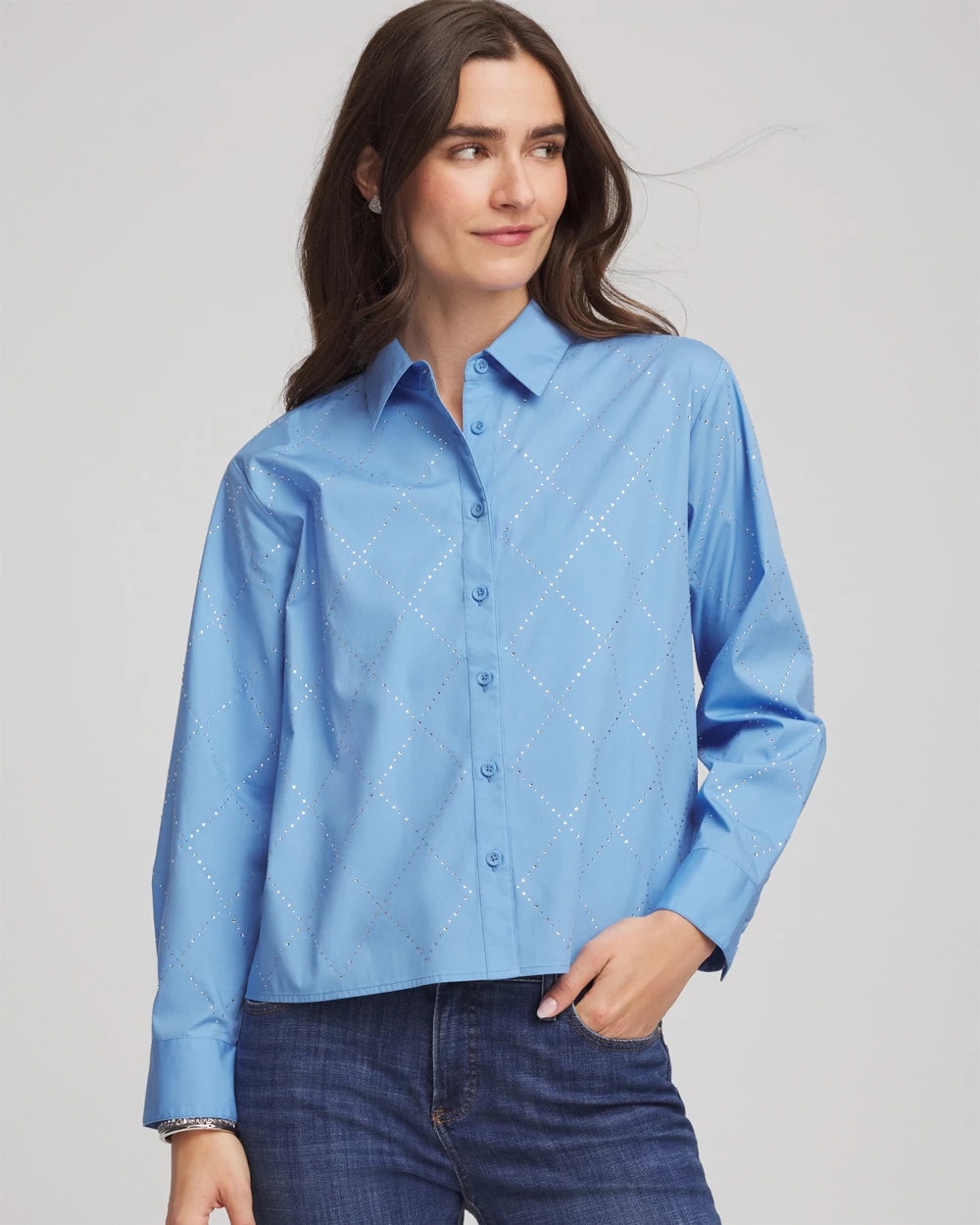 Embellished Stretch Cotton Collared Shirt Tidal Blue - Chico's