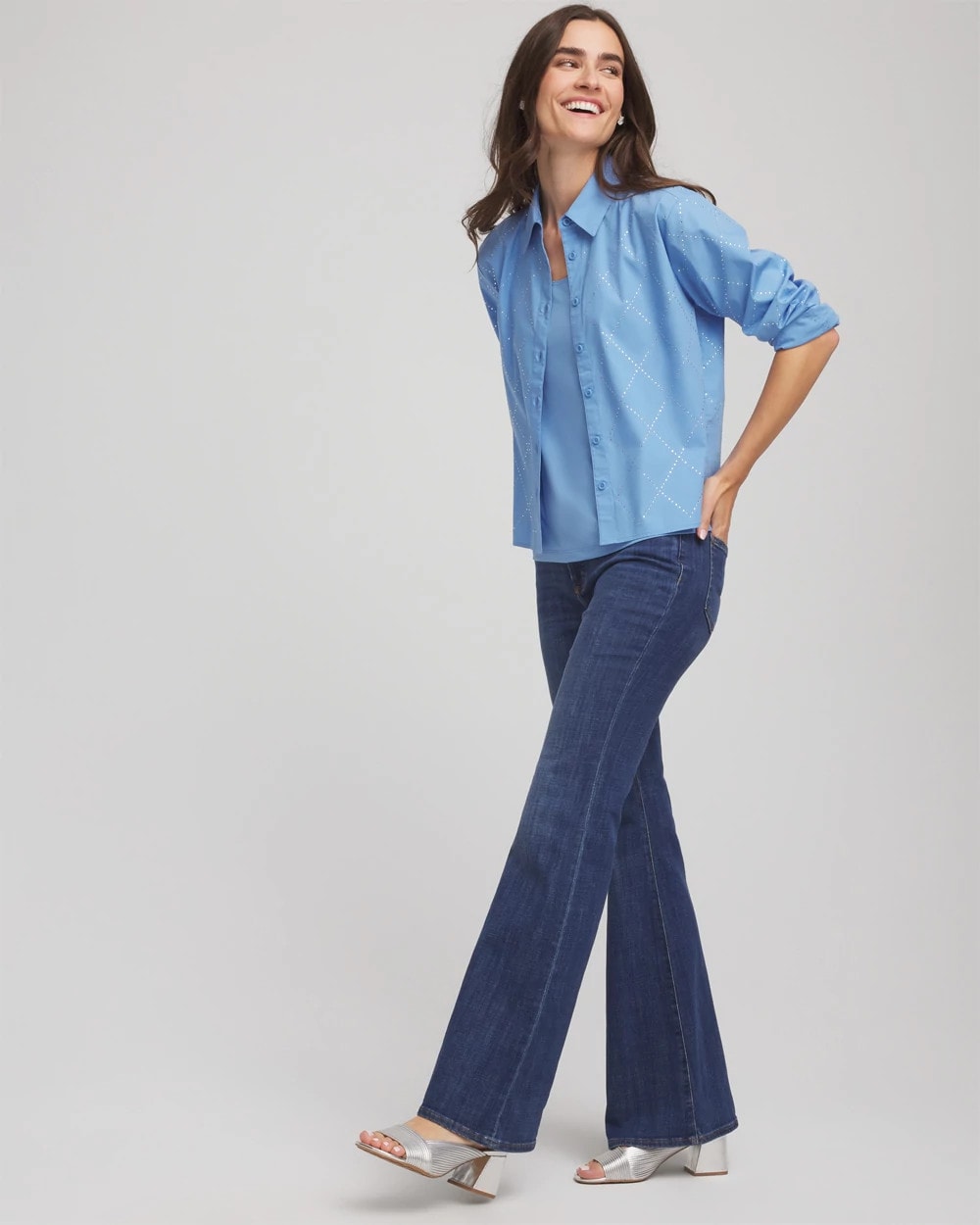Embellished Stretch Cotton Collared Shirt Tidal Blue - Chico's