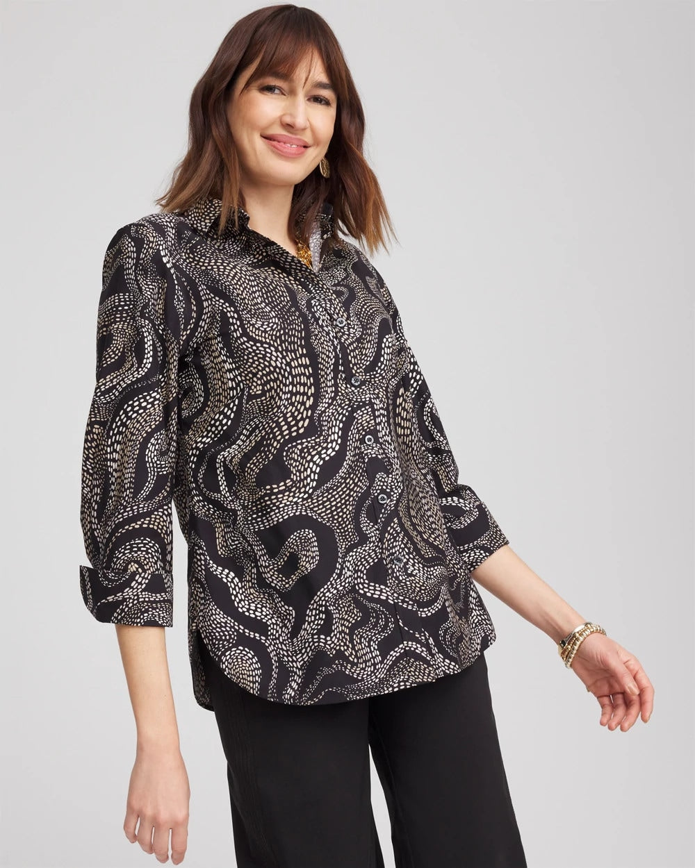 No Iron™ Sateen Swirls Print Shirt Black - Chico's