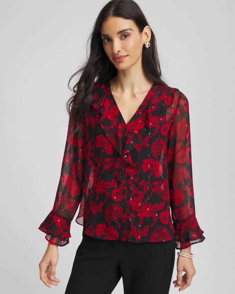 Georgette Clip Dot Ruffle Blouse Carmine Red - Chico's