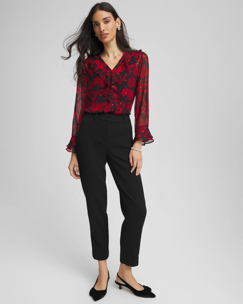 Georgette Clip Dot Ruffle Blouse Carmine Red - Chico's
