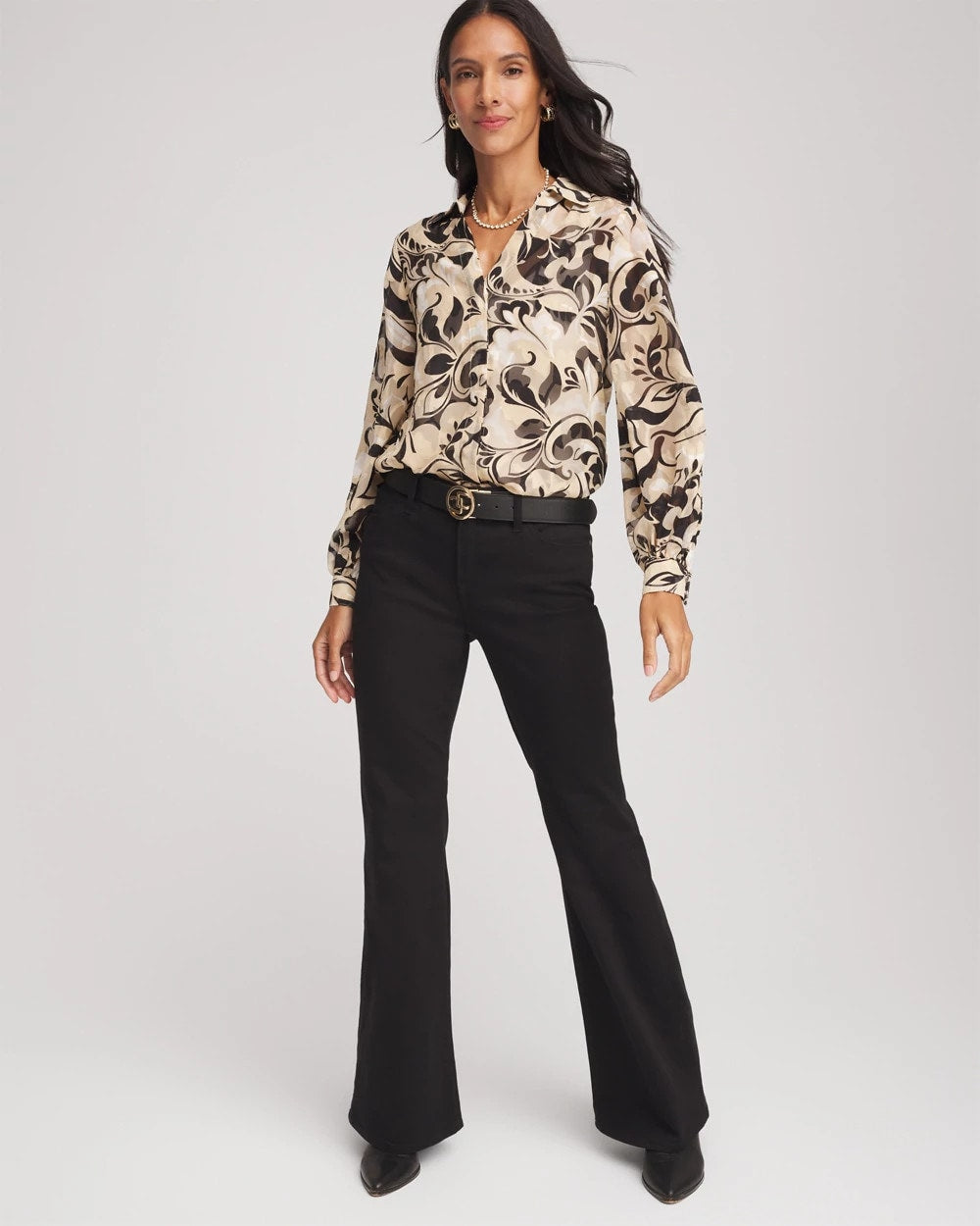 Floral Burnout Blouson-Sleeve Blouse Black - Chico's
