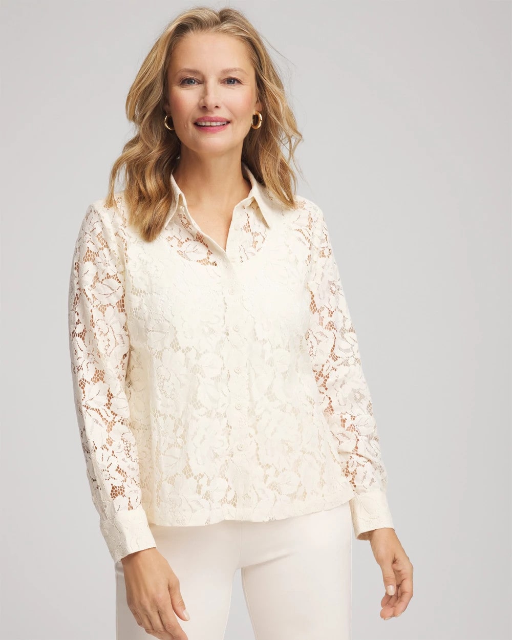 Classic-Fit Collared Lace Shirt English Cream - Chico's
