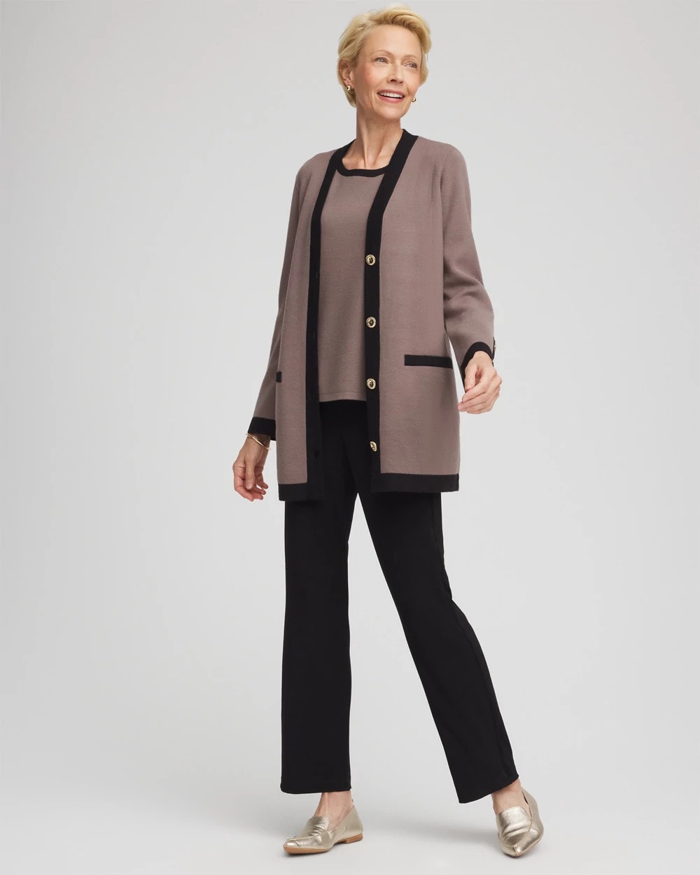 Travelers™ Tipped Button-Down Cardigan Deep Taupe - Chico's