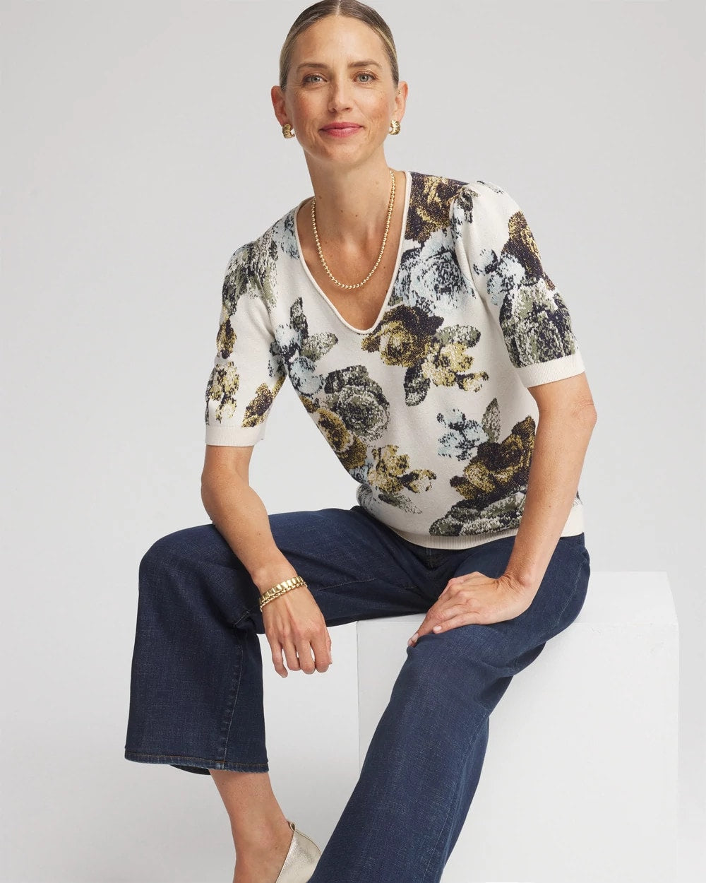 Floral V-Neck Sweater Tee English Cream - Chico's