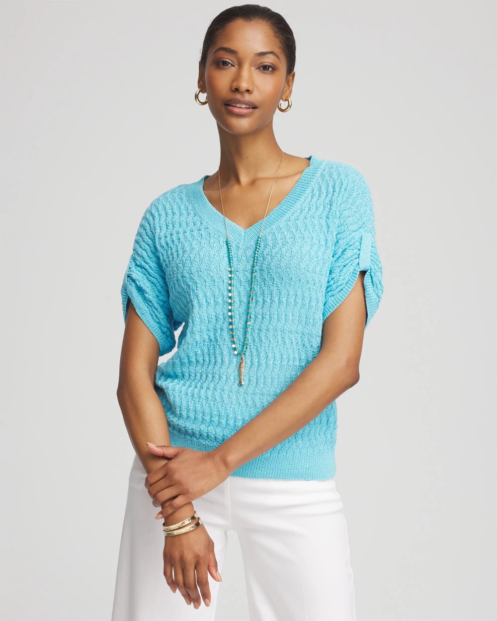 Sequin V-Neck Pullover Sweater Paradiso Blue - Chico's