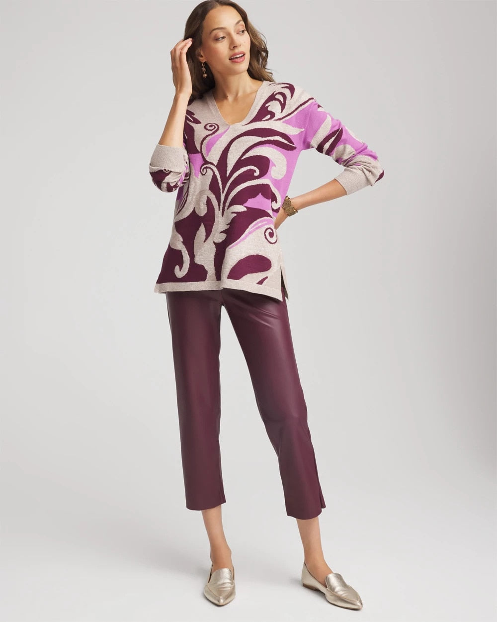 Intarsia Knit V-Neck Pullover Sweater Gooseberry - Chico's