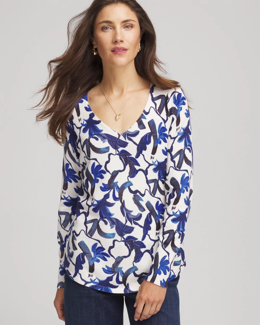 Ella V-Neck Blue-Petals Pullover Sweater Ecru - Chico's