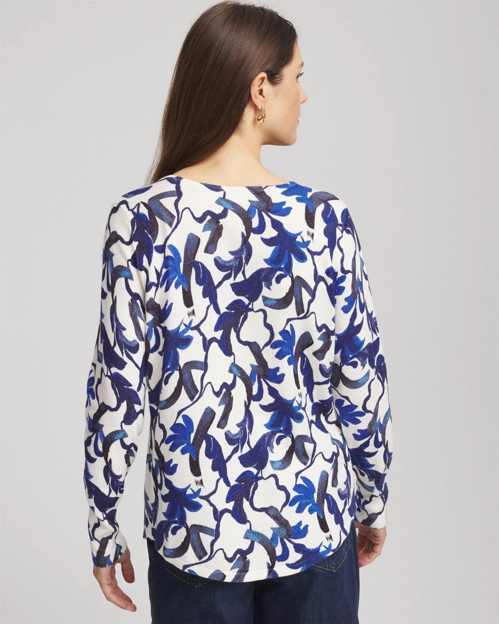 Ella V-Neck Blue-Petals Pullover Sweater Ecru - Chico's