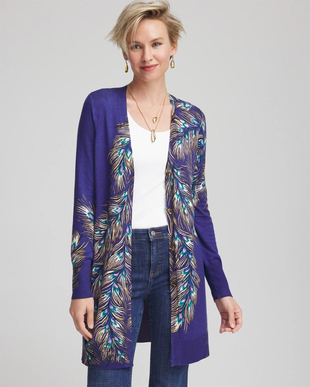 Ella Peacock-Print Cardigan Sweater Dark Cobalt - Chico's