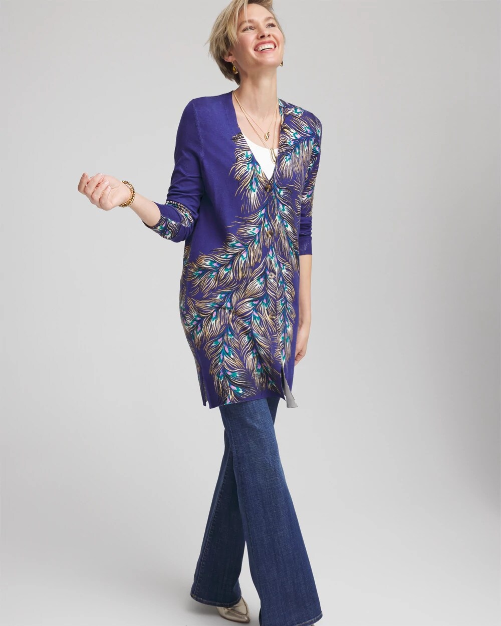 Ella Peacock-Print Cardigan Sweater Dark Cobalt - Chico's