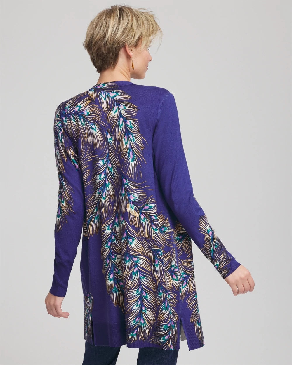 Ella Peacock-Print Cardigan Sweater Dark Cobalt - Chico's