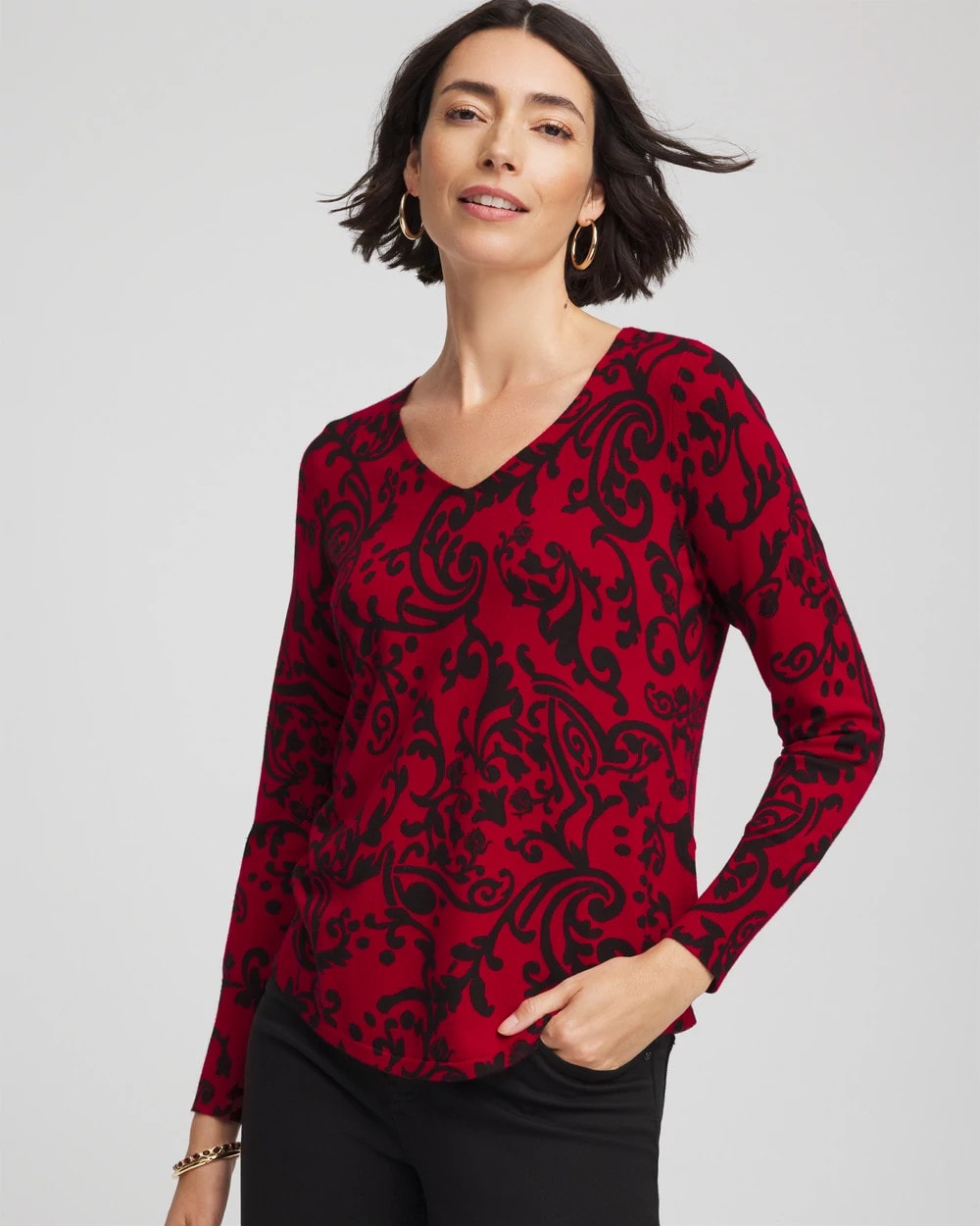 Ella Printed V-Neck Sweater Carmine Red - Chico's