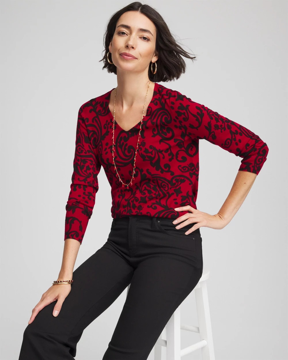 Ella Printed V-Neck Sweater Carmine Red - Chico's