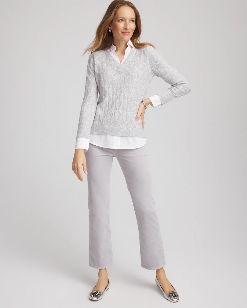 Classic Built-In Shirt Knit Sweater Classic Gray - Chico's