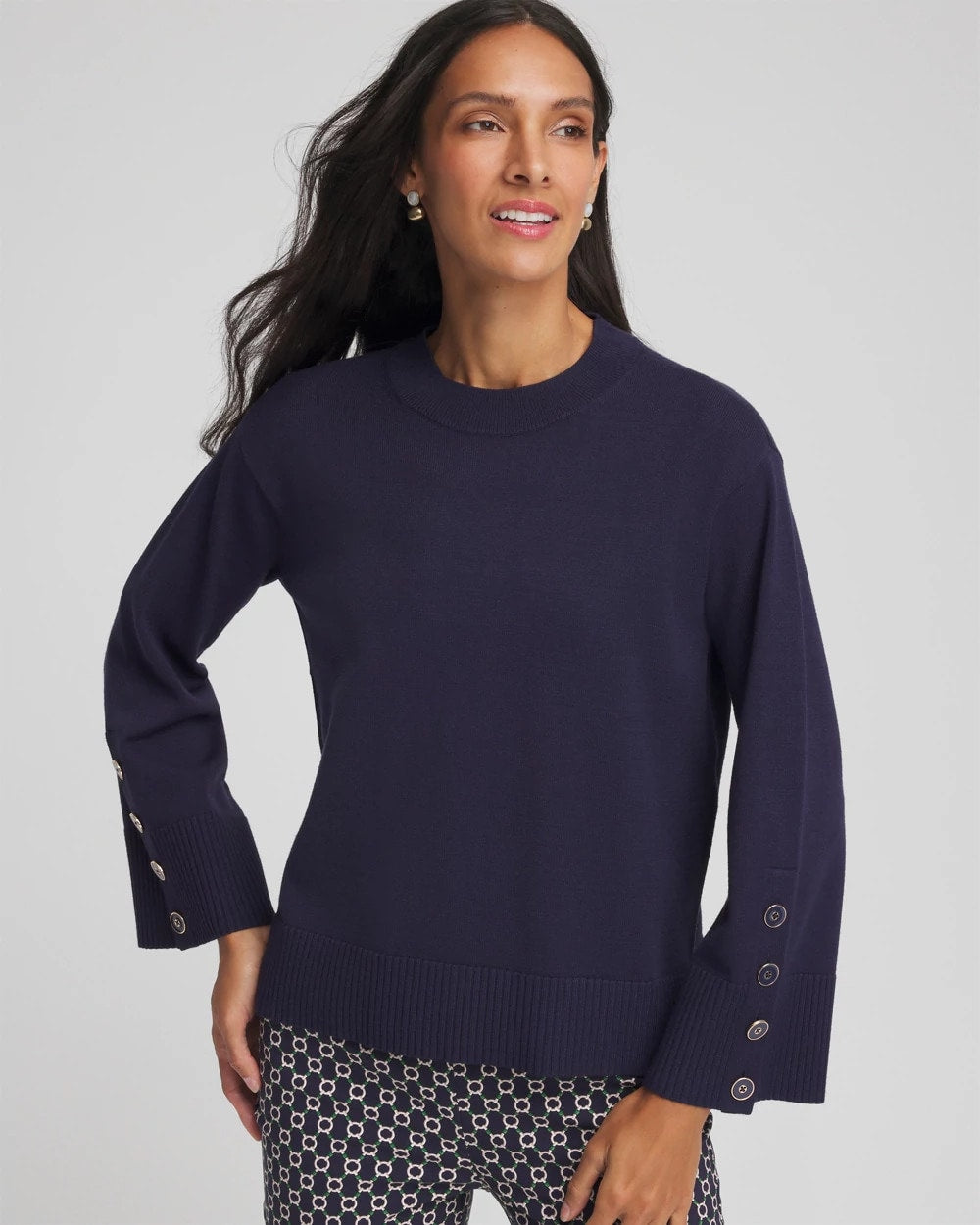 Button Sleeve Crewneck Pullover Passport Blue - Chico's