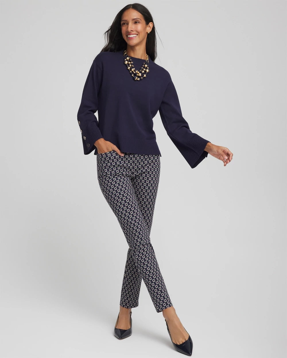 Button Sleeve Crewneck Pullover Passport Blue - Chico's