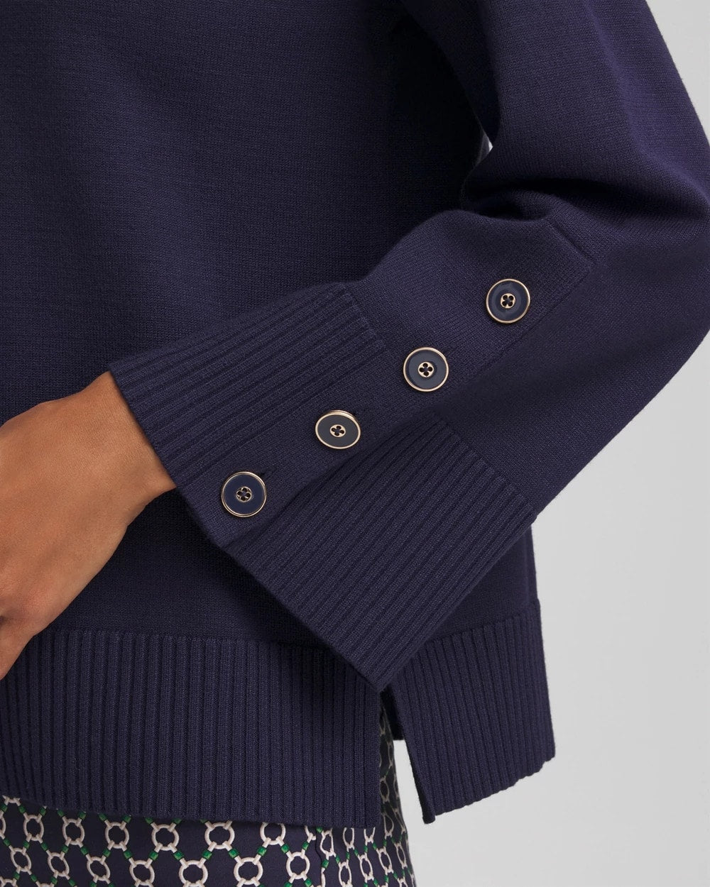 Button Sleeve Crewneck Pullover Passport Blue - Chico's