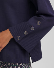 Button Sleeve Crewneck Pullover Passport Blue - Chico's