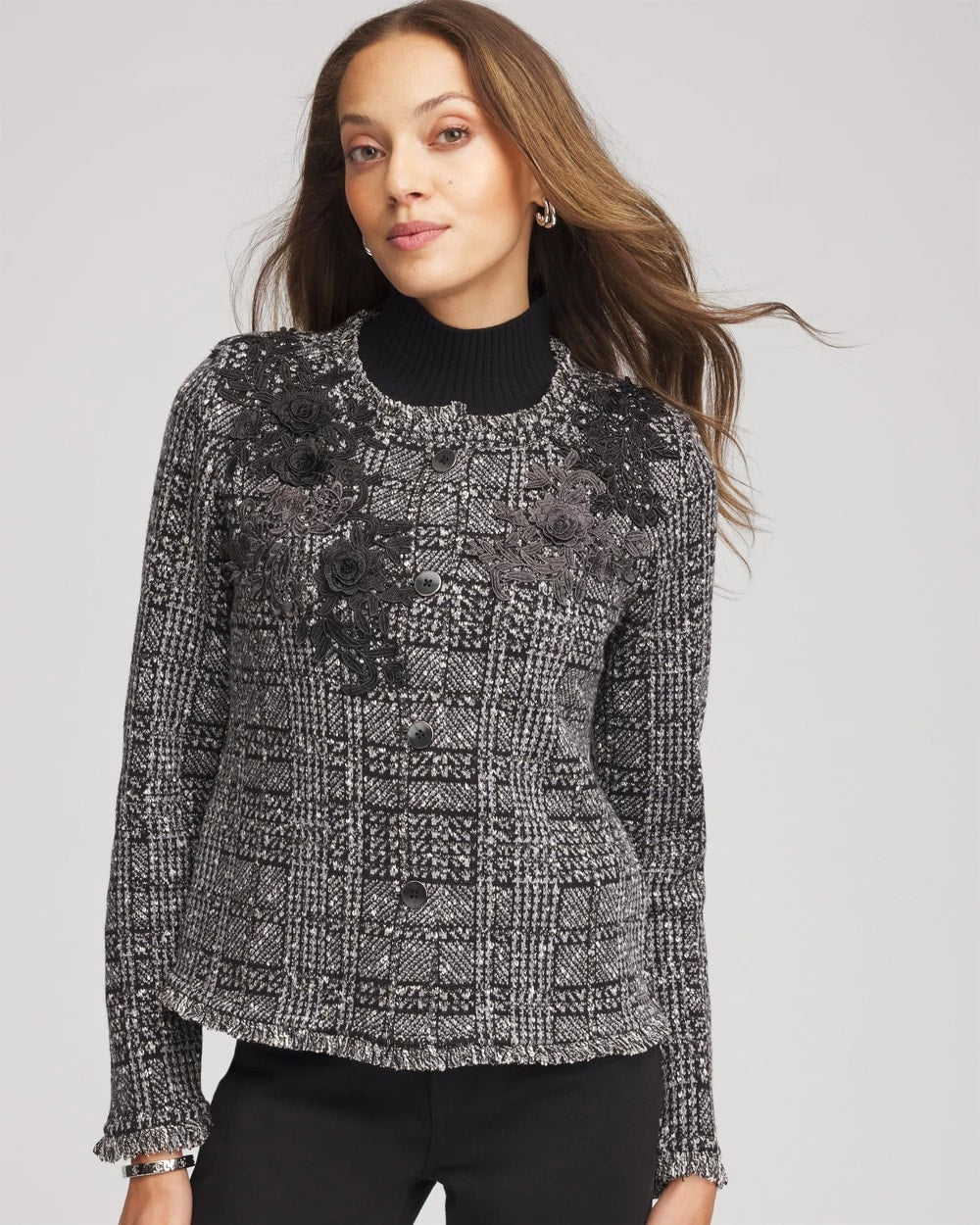 Embroidered Metallic Tweed Cardigan Gray - Chico's